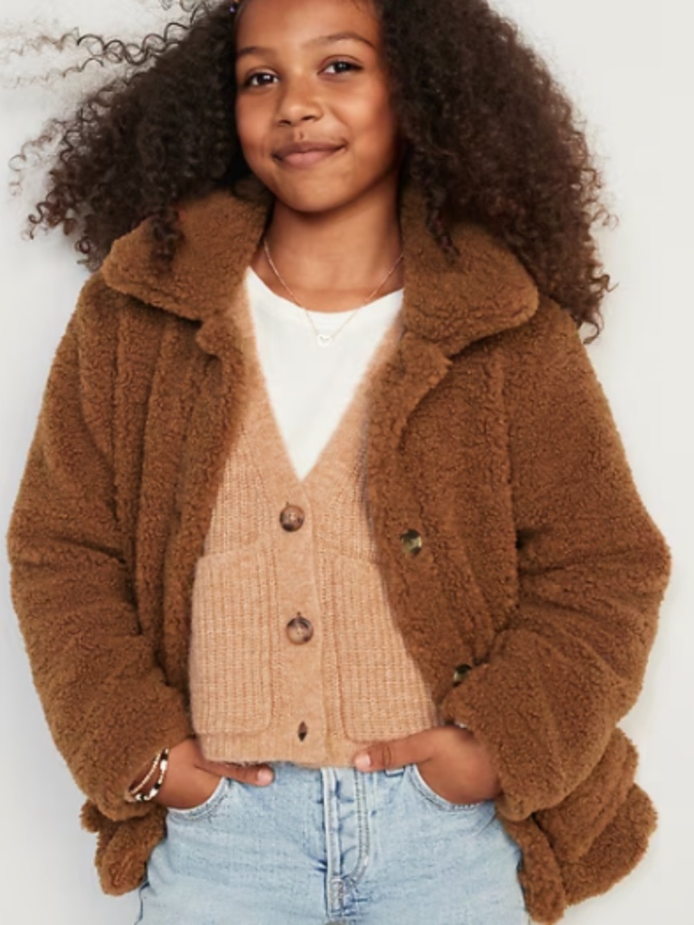 Old Navy Button-Front Long Sherpa Coat - Brown/Camel - Sz M (8 years)